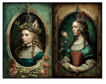 May include: Two portraits of women in ornate frames. The woman on the left wears a crown, a leafy crown, and a white lace collar. The woman on the right wears a crown and a red and gold dress. Both women have long brown hair.