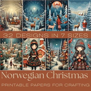 NATALE NORVEGESE / Cartoline di Natale stampabili, documenti, diari spazzatura stampabili, oggetti effimeri natalizi, arte norvegese, arte popolare scandinava