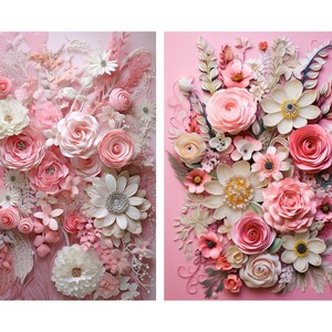 May include: Two pink and white paper flower arrangements on a pink background. The flowers are made of paper and are arranged in a bouquet style. The flowers are in various shades of pink and white, and the background is a solid pink.