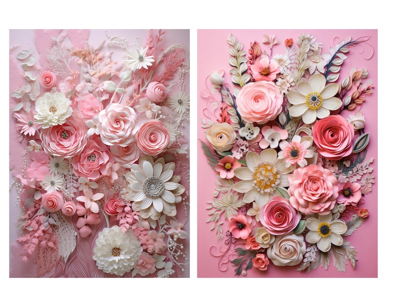 May include: Two pink and white paper flower arrangements on a pink background. The flowers are made of paper and are arranged in a bouquet style. The flowers are in various shades of pink and white, and the background is a solid pink.