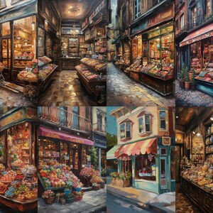 May include: A collage of six paintings depicting various candy shops with colorful displays of sweets and treats. Each shop has a unique storefront and interior design, showcasing a variety of candies, chocolates, and other confectionery items.