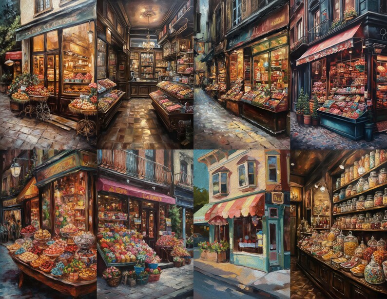 May include: A collage of six paintings depicting various candy shops with colorful displays of sweets and treats. Each shop has a unique storefront and interior design, showcasing a variety of candies, chocolates, and other confectionery items.