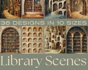 May include: 36 printable digital paper designs featuring whimsical library scenes in 10 different sizes. The designs include a variety of styles, from traditional libraries with bookshelves to more fantastical libraries with arches and staircases.