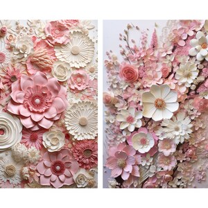 May include: Two framed pieces of paper art featuring pink and white paper flowers. The flowers are arranged in a cluster and appear to be three-dimensional.