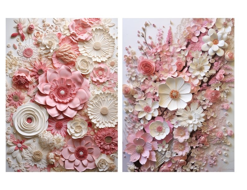 May include: Two framed pieces of paper art featuring pink and white paper flowers. The flowers are arranged in a cluster and appear to be three-dimensional.
