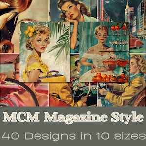 Estilo de revista MCM |  Papéis de registro no diário, arte de parede, cartões ATC, cartões de registro no diário para impressão, download digital, criação de cartões, imagens dos anos 1950