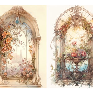 Puede incluir: Dos ventanas arqueadas ornamentadas con detalles intrincados, decoradas con delicados arreglos florales en tonos rosa, naranja y blanco. Las ventanas están enmarcadas por un fondo beige claro.