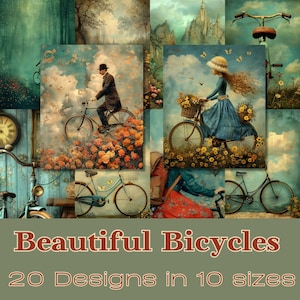 HERMOSAS BICICLETAS / Documentos de diario, Arte de pared, Tarjetas ATC, Tarjetas de diario imprimibles, Descarga digital, Fabricación de tarjetas, Arte Cottagecore