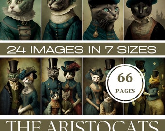 May include: A digital download of 66 printable pages featuring 24 images of cats dressed in vintage clothing. The images are in 7 different sizes. The text "The Aristocats Printable Papers for Crafting" is at the bottom of the image.