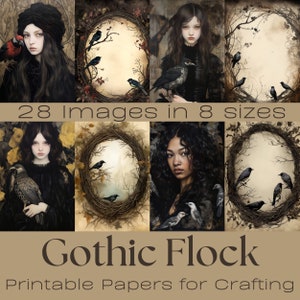 May include: A set of 28 printable digital papers featuring gothic imagery with women, birds, and wreaths. The text "Gothic Flock" and "Printable Papers for Crafting" is displayed on the image.