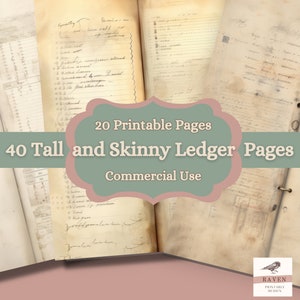 Páginas de Ledger TALL AND SKINNY || Imprimíveis de alta resolução para diários de lixo Tall and Skinny, scrapbooking, artesanato em papel, uso comercial