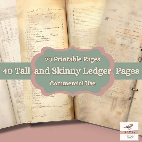 TALL AND SKINNY Ledger Pages || High-Resolution Printables for Tall and Skinny Junk Journals, Scrapbooking, Paper Crafts, Commercial Use