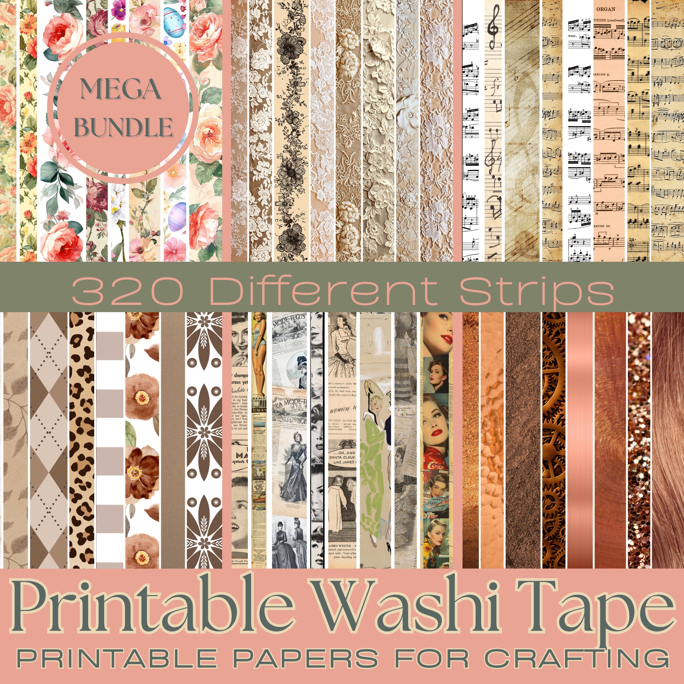 320 Printable WASHI TAPE STRIPS Variety Pack | Mega Bundle Of 320 Printable Washi Tapes, Printable Junk Journal Elements, Printable Strips - View #4