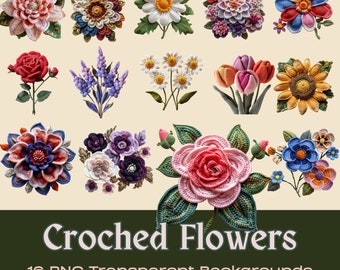 Crocheted Flowers Clipart | PNG, JPEG for Scrapbooking (Digital Download)