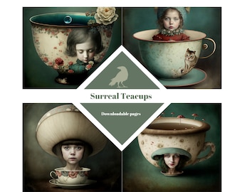 Set TEACUPS, surreale, documenti per diario, carta digitale, carte per diario stampabili, download digitale, creazione di carte, effimeri, artigianato, creazione