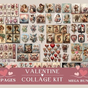 May include: A digital collage kit with 38 pages of Valentine's Day themed images. The images feature angels, hearts, flowers, and couples. The kit is perfect for creating digital scrapbook pages, cards, and other crafts.