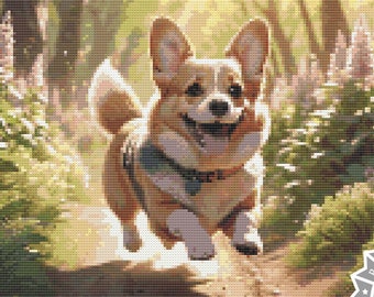 Może przedstawiać: Wzór na haft krzyżykowy przedstawiający kreskówkowego psa rasy Corgi biegnącego przez las. Wzór nosi tytuł "Dashing Corgi" i ma rozmiar 8,3 cala na 8,3 cala. Wzór jest przeznaczony do tkaniny Aida o liczebności 18.