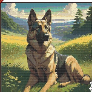 May include: A cross stitch pattern featuring a German Shepherd dog sitting in a field with a mountain and lake in the background. The pattern is titled "Serene Shepherd" and is from the Tabasco Sunrise Cross Stitch Patterns collection.