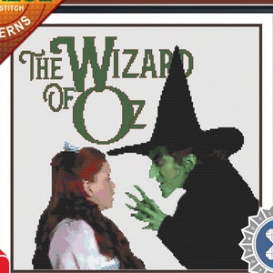 May include: Cross stitch pattern for "The Wizard of Oz" featuring a green Wicked Witch of the West and Dorothy. The pattern is from Tabasco Sunrise Cross Stitch Patterns.