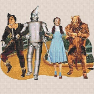 May include: The Wizard of Oz characters Dorothy, the Scarecrow, the Tin Man, and the Cowardly Lion stand on the yellow brick road. Dorothy is wearing a blue gingham dress, the Scarecrow is wearing a brown hat and a brown and black outfit, the Tin Man is wearing a silver suit, and the Cowardly Lion is wearing a brown and orange outfit.
