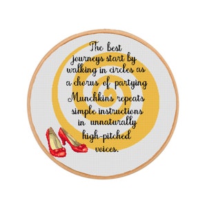 May include: A yellow and white circular design with the text "The best journeys start by walking in circles as a chorus of partying Munchkins repeats simple instructions in unnaturally high-pitched voices."