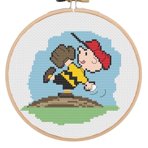 Charlie Brown Pitching Cross Stitch Pattern | Peanuts Baseball Art | PDF Digital Download | Fun Embroidery Design for Peanuts Fans