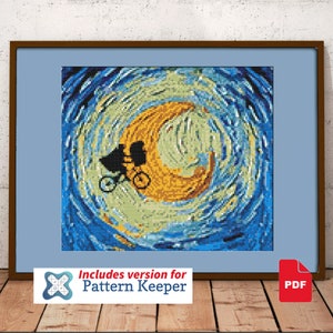 May include: Cross-stitch pattern of a silhouette of a bicycle and rider in front of a yellow crescent moon, set against a swirling blue and green background reminiscent of Van Gogh's Starry Night.