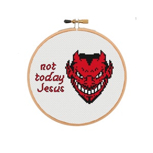 Unique Cross Stitch Pattern with Subversive Message "Not Today, Jesus!" Featuring Bold Image of the Devil for Edgy Decor