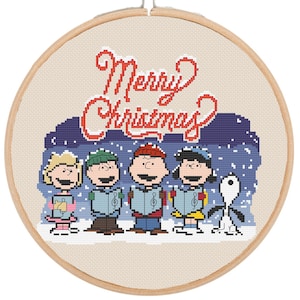 Peanuts Christmas Caroling | Charlie Brown Snoopy Lucy Linus Singing in the Snow | Merry Christmas | Nostalgic Easy Cross Stitch Pattern