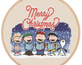 Peanuts Christmas Caroling | Charlie Brown Snoopy Lucy Linus Singing in the Snow | Merry Christmas | Nostalgic Easy Cross Stitch Pattern