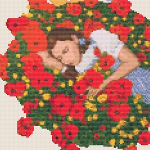 May include: A young girl with brown hair is sleeping in a field of red poppies. The flowers are in full bloom and surround the girl on all sides.