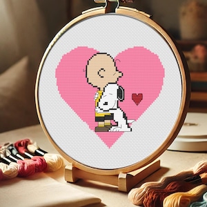 Charlie Brown Hugging Snoopy Cross Stitch Pattern | Heartwarming Peanuts Design with Heart Background | PDF Embroidery | Easy Cross Stitch