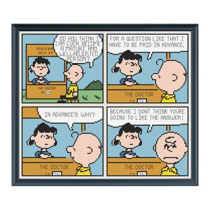 Peanuts Cross Stitch Pattern | Lucy's Psychiatry Booth with Charlie Brown | Classic Comic Strip Design | Fun and Nostalgic Decor