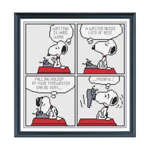 Snoopy Cross Stitch Pattern | Peanuts Comic | Snoopy with Typewriter on Doghouse | Whimsical and Nostalgic Home Decor