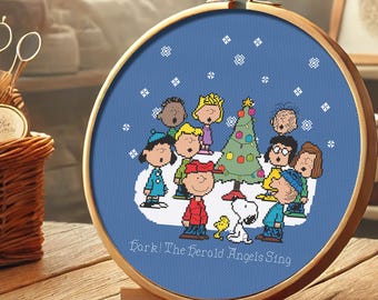 Peanuts Christmas Cross Stitch Pattern | Hark The Herald Angels Sing | Charlie Brown and friends singing around the tree | PDF Pattern