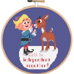 Rudolph & Hermey &quot;Let’s Be Independent Together&quot; Cross Stitch Pattern | Heartwarming Scene from Rudolph the Red-Nosed Reindeer | Christmas