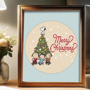 Peanuts Merry Christmas | Charlie Brown Snoopy Linus Schroeder in front of a Christmas Tree with Snowflakes | Easy Cross Stitch Pattern