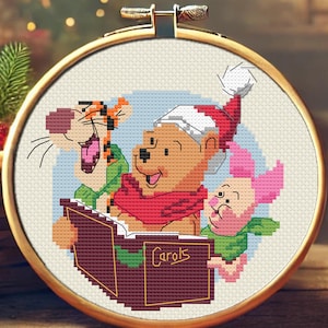 Winnie the Pooh, Tigger & Piglet Singing Christmas Carols Cross Stitch Pattern | Heartwarming Holiday Scene | Festive Embroidery PDF
