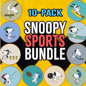 May include: A collage of 10 different images featuring Snoopy participating in various sports, including baseball, football, hockey, and surfing. The images are arranged in a circle around the text "10-PACK SNOOPY SPORTS BUNDLE".