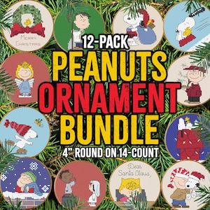 May include: A 12-pack of Peanuts ornaments, each 4 inches in diameter, featuring various characters and holiday themes. The ornaments are round and displayed against a backdrop of evergreen branches. Text includes "Merry Christmas" and "Dear Santa Claus."