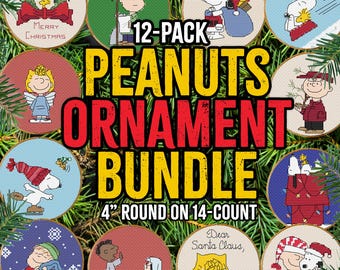 May include: A 12-pack of Peanuts ornaments, each 4 inches in diameter, featuring various characters and holiday themes. The ornaments are round and displayed against a backdrop of evergreen branches. Text includes "Merry Christmas" and "Dear Santa Claus."