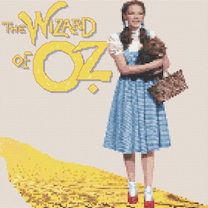 May include: A vintage movie poster for "The Wizard of Oz" featuring Dorothy in a blue gingham dress and red shoes, holding a brown dog. The yellow brick road is visible in the background.