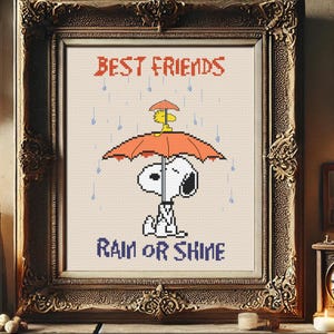 Best Friends Rain or Shine Cross Stitch Pattern | Snoopy & Woodstock in the Rain | Heartwarming Peanuts Embroidery PDF