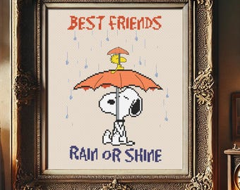 Best Friends Rain or Shine Cross Stitch Pattern | Snoopy & Woodstock in the Rain | Heartwarming Peanuts Embroidery PDF