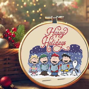 Happy Holidays | Peanuts Christmas Caroling | Charlie Brown Snoopy Lucy Linus Singing in the Snow |  Nostalgic Easy Cross Stitch Pattern