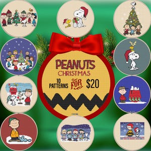 May include: A collection of ten Peanuts Christmas cross-stitch patterns. The image features various circular designs with Snoopy, Charlie Brown, and other characters, along with a large ornament with text that reads "Peanuts Christmas". The background is green.