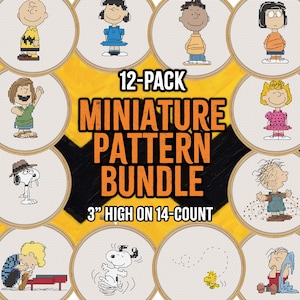 May include: A 12-pack of miniature cross-stitch patterns featuring characters from the Peanuts comic strip. The patterns are 3 inches high and designed for 14-count Aida cloth.
