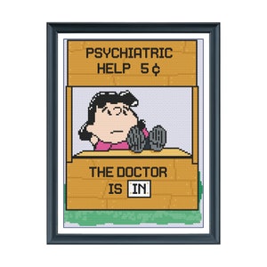 Peanuts Cross Stitch Psychiatric Help Lucy | Charlie Brown Peanuts Snoopy Comic | 5 Cents Booth | Hilarious and Nostalgic Home Decor