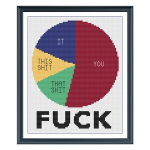 Cirkeldiagram | Fuck you, it, this shit, that shit | Snarige humorsteek | Perfect voor oneerbiedig decor | Subversief handwerk