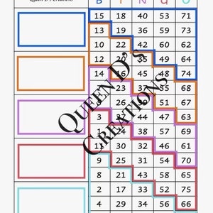 May include: A colorful bingo card with numbers 1-75 in a grid pattern. The card is divided into five columns labeled B, I, N, G, and O. The numbers are arranged in a diagonal pattern, with the free space in the center of the card. The card is surrounded by a blue border.
